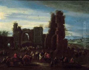 Travellers And Peasants By Classical Ruins In A Landscape by Mathys Schoevaerdts