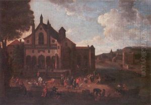 Numerous Figures In A Town Square Beside A River