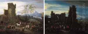 A Falconer By A Mansion In A River Landscape by Mathys Schoevaerdts
