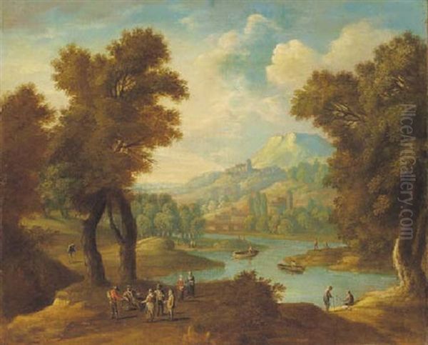 A Rocky Wooded Landscape With Peasants Conversing On A Track - view 1