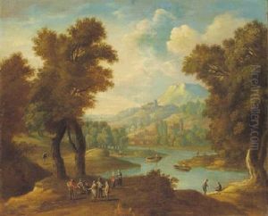 A Rocky Wooded Landscape With Peasants Conversing On A Track
