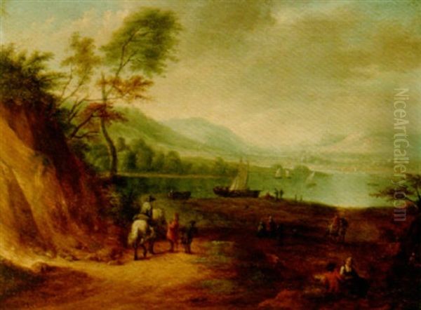 An Extensive River Landscape With Boats And Travellers On A Path - view 1