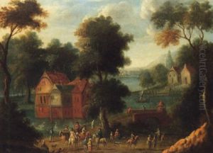 A River Landscape With Figures Assembled On A Track, A House Surrounded By Water Beyond by Mathys Schoevaerdts