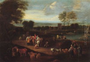A Coastal Landscape With Travellers And Peasants Resting On The Roadside With Cows And Goats Grazing In The Foreground by Mathys Schoevaerdts