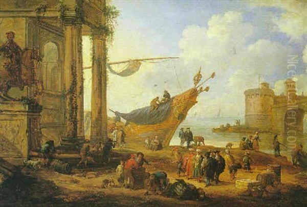 Ruines Antiques Pres D'un Rivage Anime De Marins Et De Marchands Turcs - view 1