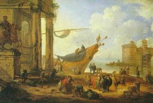 Ruines Antiques Pres D'un Rivage Anime De Marins Et De Marchands Turcs thumbnail