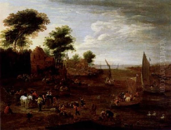 Dorf An Einem Flus Mit Booten Und Vielen Figuren - view 1