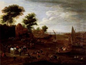 Dorf An Einem Flus Mit Booten Und Vielen Figuren by Mathys Schoevaerdts