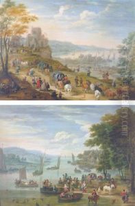 A Coastal Scene With Drovers And Their Herds And Travellers In Horse-drawn Carts On Path, Harbour With Shipping Beyond