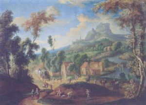 Peasants And Travellers In A Road By A Village In A Mountainous Landscape by Mathys Schoevaerdts