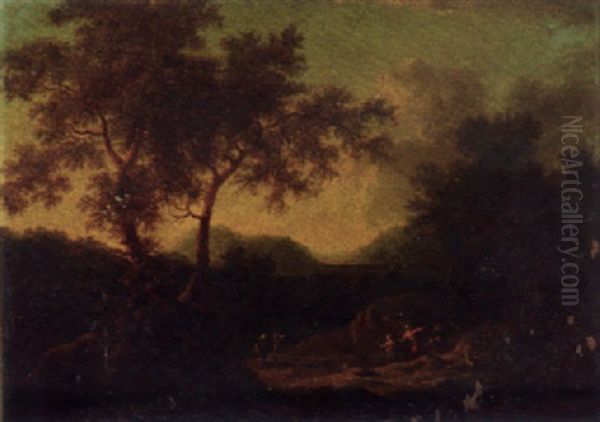 An Extensive Landscape With Shepherds On A Sandy Track - view 1
