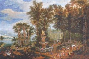 Paysage Fluvial Avec Chateau, Fontaine Et Architecture Anime De Tres Nombreux Villageois Cheminant Et Conversant by Mathys Schoevaerdts