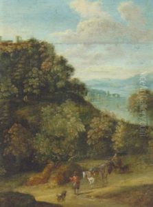 A River Landscape With A Traveller And Packhorses On A Wooded Track A River Landscape With A Traveller And Packhorses On A Wooded Track