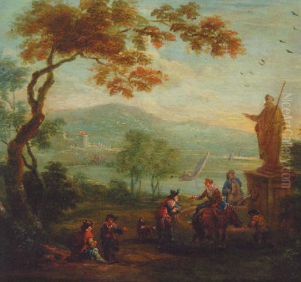 A River Landscape With Travellers Conversing By A Fountain - view 1