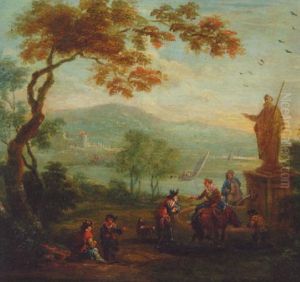 A River Landscape With Travellers Conversing By A Fountain