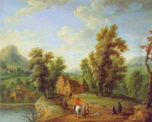 Bewaldete Fluslandschaft Mit Bauernhausern Und Reisenden