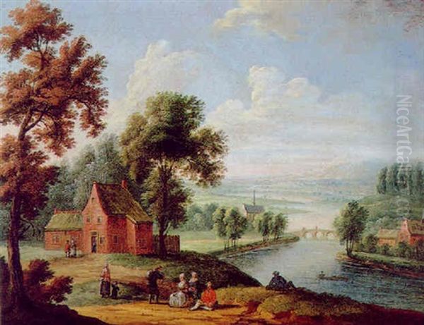 Bewaldete Fluslandschaft Mit Einer Steinernen Brucke Und Rastenden - view 1
