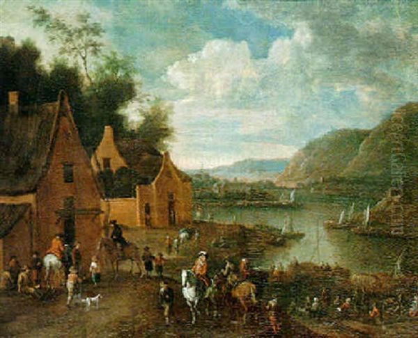 An River Landscape With Figures Along The Banks, A Town Beyond - view 1