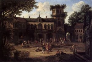 A Merchant And His Entourage In A Square, A Civic Building And A Tower Gate Beyond