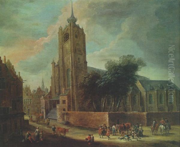 Townsfolk Outside A Church In Antwerp - view 1
