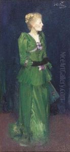 Full Length Portrait Of Maggie Hamilton In An Emerald Greendress by Benjamin James Bowen