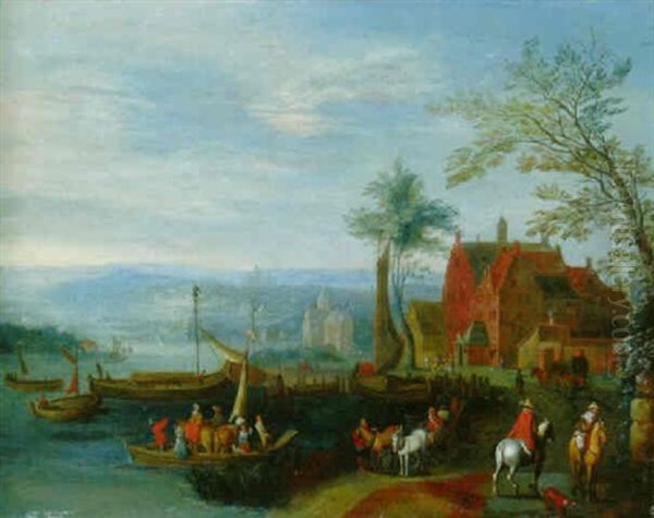 An Extensive River Landscape With A Ferry And Sailing Boats At A Quay - view 1
