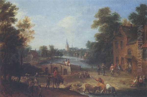 River Landscape With Peasants Dancing Outside A Tavern by Mathys Schoevaerdts