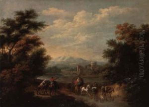 An Extensive Landscape With Travellers And A Horsedrawn Wagon