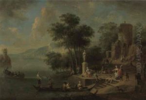 River Landscapes With Peasants And Elegant Figures By A Ferry