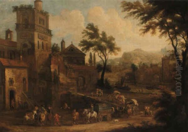 River Landscape With Riders And Covered Waggons Leaving A Town - view 1