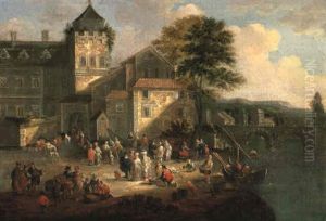 A Coastal Landscpae With Merchants Gathered Around A Fishmonger by Mathys Schoevaerdts