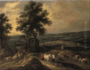 Extensive Landscape With Drovers And Peasants On A Track by Mathys Schoevaerdts
