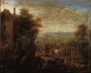 Village Cattle Market With An Extensive Landscape by Mathys Schoevaerdts