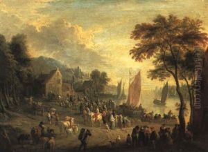 River Landscape With Peasants Gathered Near Ferry Boats by Mathys Schoevaerdts