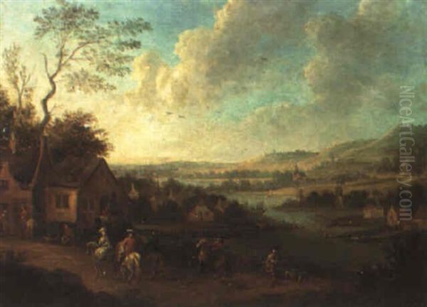 River Landscape With Riders Returning To A Village - view 1