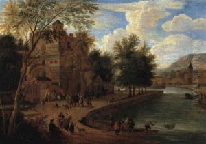 Stadt An Einem Flus Mit Vielen Figuren by Mathys Schoevaerdts
