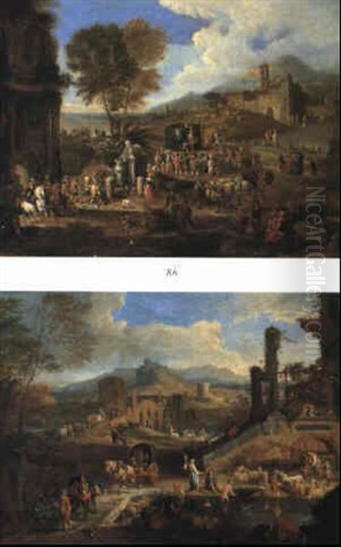 Italianate Landscape With Travelling Players Performing To A Crowd - view 1