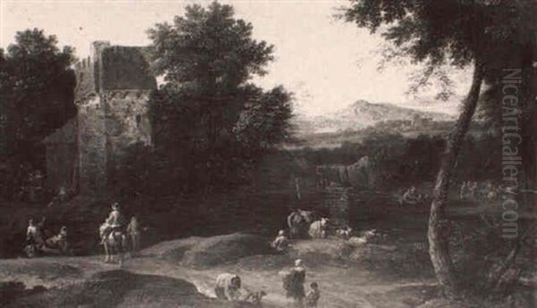 Paysage Boise Avec Des Personnages Sur Les Bords D'une Riviere Et Une Ferme Fortifiee - view 1