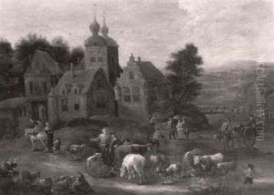 Bergers Et Leur Troupeau Faisant Halte A L'entree D'un Village Bergers Et Leur Troupeau Faisant Halte A L'entree D'un Village