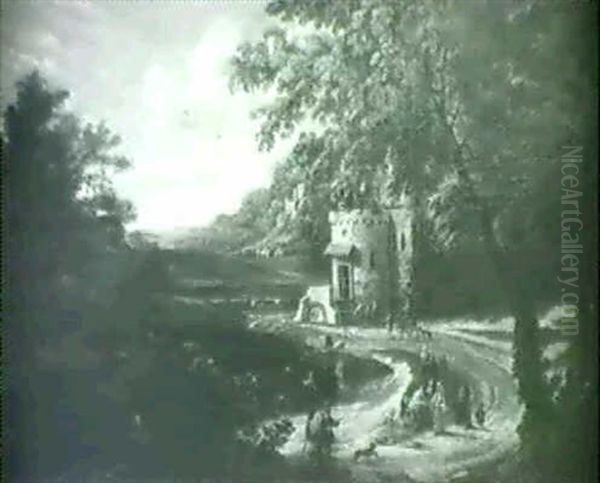 Paysage Forestier Avec Maison Fortifiee, Cours D'eau Et Personnages - view 1