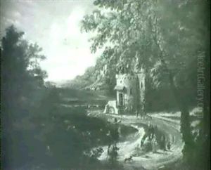 Paysage Forestier Avec Maison Fortifiee, Cours D'eau Et Personnages Paysage Forestier Avec Maison Fortifiee, Cours D'eau Et Personnages