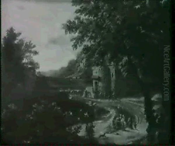Paysage Forestier Avec Maison Fortifiee, Cours D'eau Et     Personnages - view 1