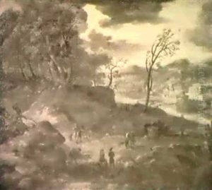 Flusslandschaft Mit Reisenden Im Hintergrund Eine Stadt,    Mitte Unten Bezeichnet D. Verburgh