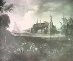 Travellers, Shepherds And Gentlemen Gathering On A Shore Opposite The Entrance To A Fortified Harbour by Mathys Schoevaerdts