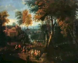 Promeneurs Dauns Une Foret; Paysage Avec Troupeau           Traversant Un Gue