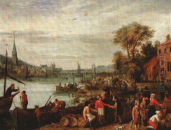 Peasants Unloading Wine Beside A River - view 1