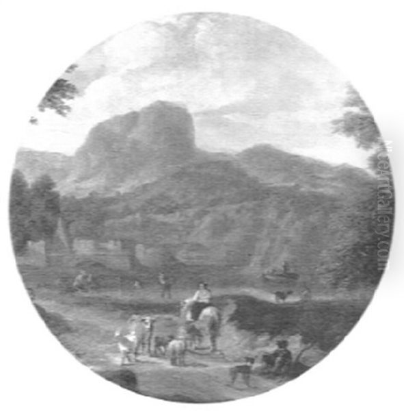 Gebirgige Fluslandschaft Mit Figuren Und Herde - view 1