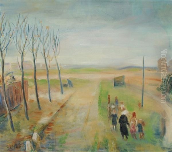 Ordensschwester Mit Waisenkindern In Weiter Norddeutscher Landschaft - view 1