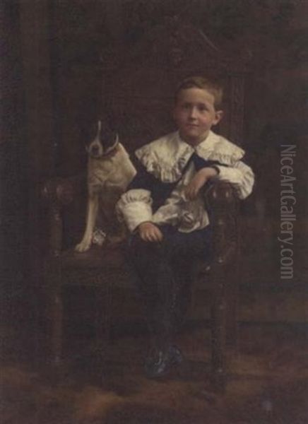 Portrait Of A Boy In A Blue Coat And Breeches, A Jack Russell By His Side, In An Interior - view 1