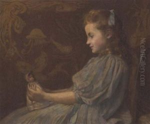 Portrait Of A Girl In A Blue Dress, Holding A Doll, In An Art Nouveau Interior